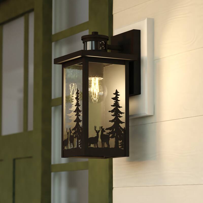 VAXCEL Acadia Matte Black Rustic Wildlife Motion Sensor Dusk to Dawn Outdoor Wall Sconce Light Fixture, Clear Seed Glass - Matte Black - 6-in W x 12.25-in H x 6.75-in D