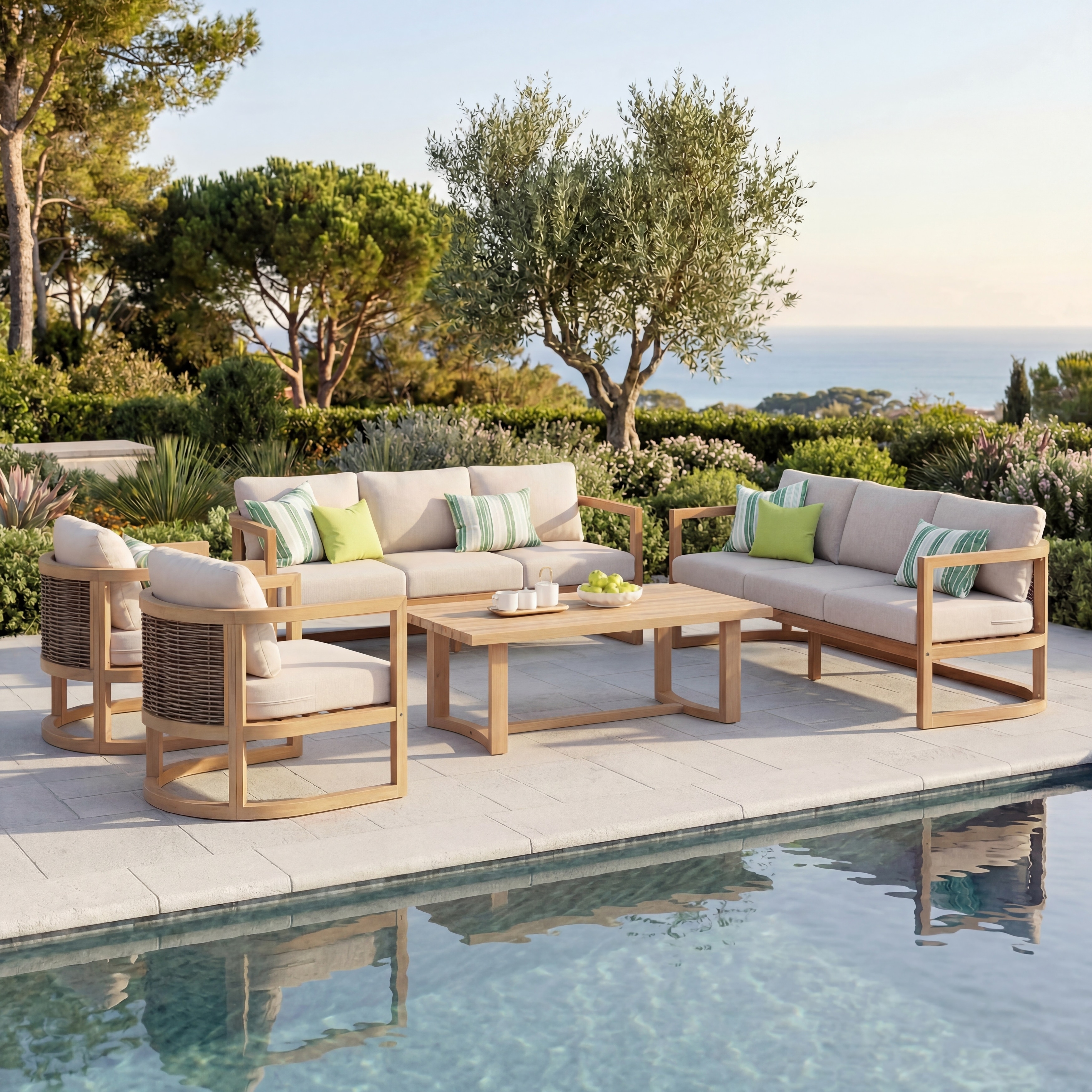 Christopher Knight Home - Modern Outdoor Patio Conversation Set, Acacia Wood Woven Wicker Sofa & Rectangle Slatted Coffee Table