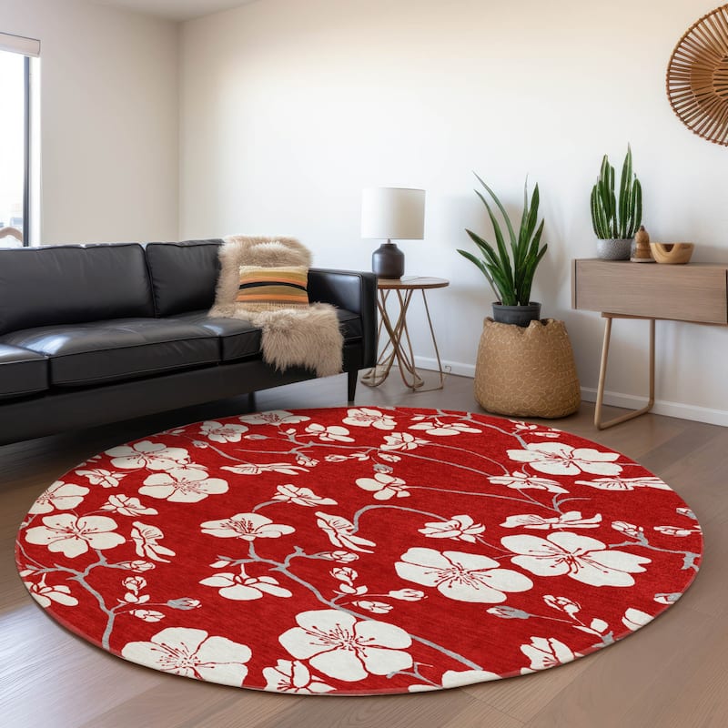 Machine Washable Indoor/ Outdoor Calm Floral Chantille Rug - Red - 8' x 8'