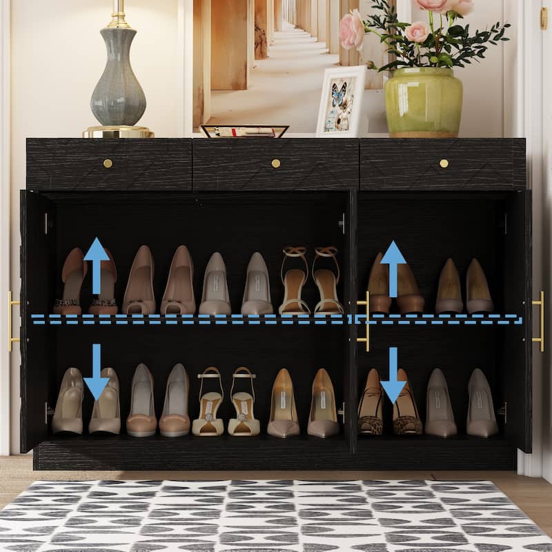 Black Shoe Cabinet Storage Shoe Rack Organizer with 3 Drawers