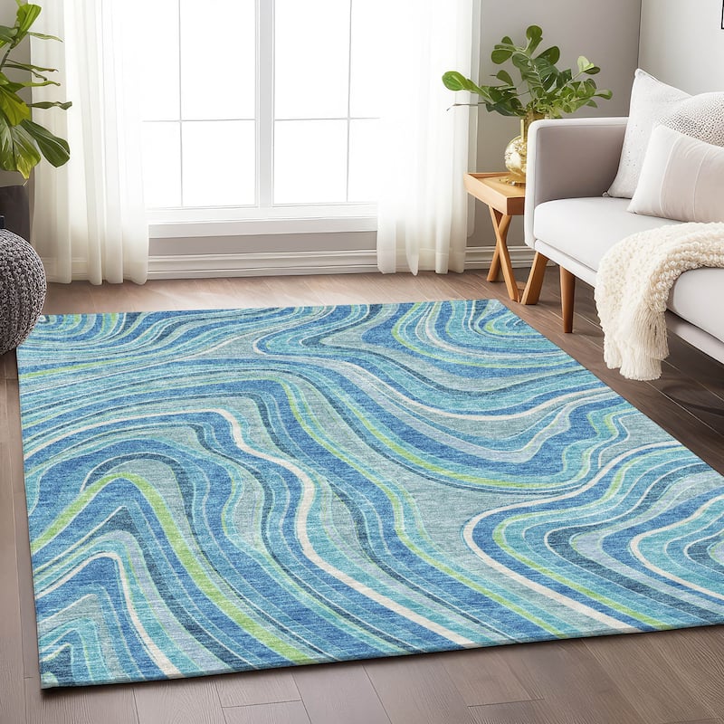 Premium Washable Super Soft Modern Waves Mayfield Rug - Blue - 10' x 14' - Rectangle