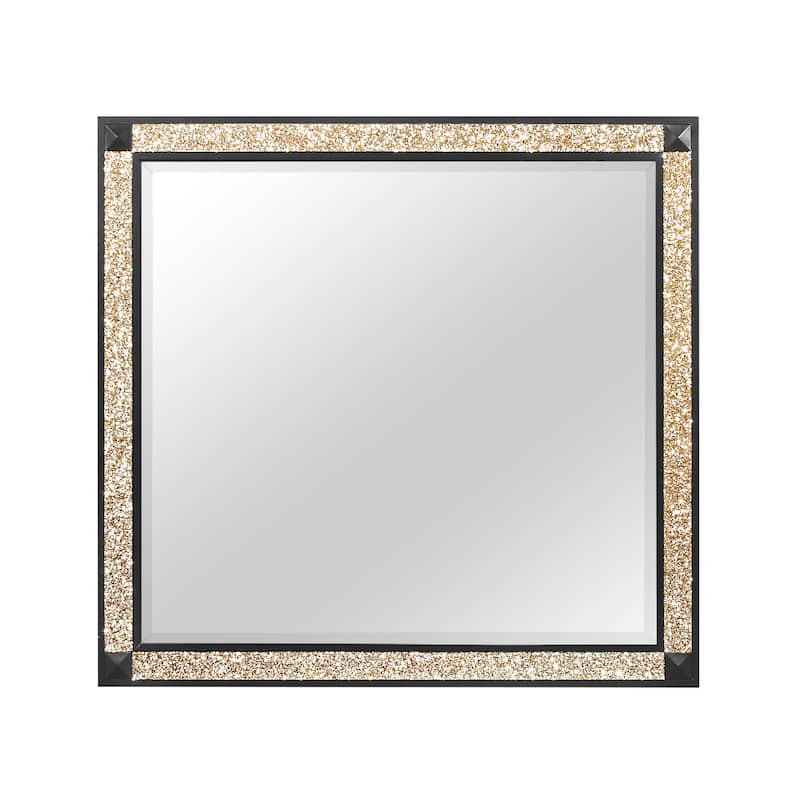 HomeRoots 36" Black And Gold Faux Crystal And Wood Dresser Mount Framed Mirror - 38.00 in. x 36.00 in. x 1.00 in.