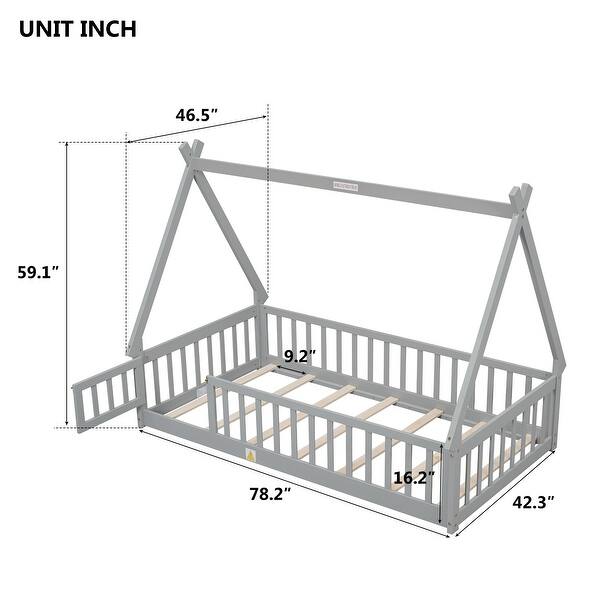 dimension image slide 3 of 6, Pine Wood Tent-Shaped Floor Bed with Guardrails and Door