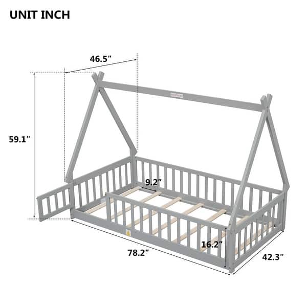 dimension image slide 0 of 3, Twin Size Pine Tent-shaped Floor Bed with Guardrails & Door