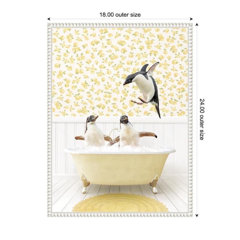 Kate and Laurel Sylvie Penguins in Cottage Yellow Bathtub Framed Canvas by Amy Peterson