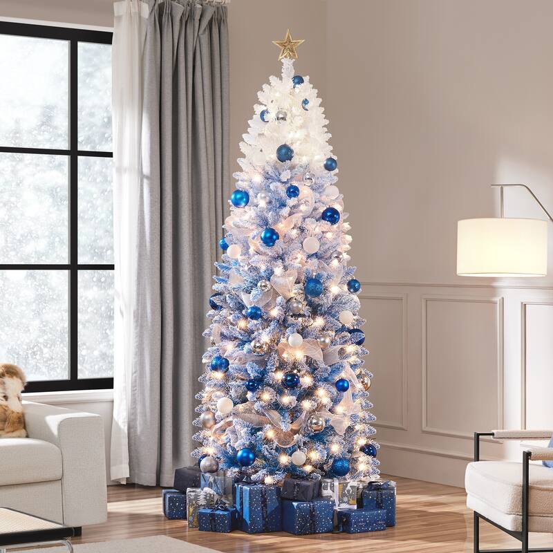 Yaheetech 6ft/7.5ft Pre-lit Flocked Pencil Artificial Christmas Tree with 350 Incandescent Warm White Lights - 7.5 Foot