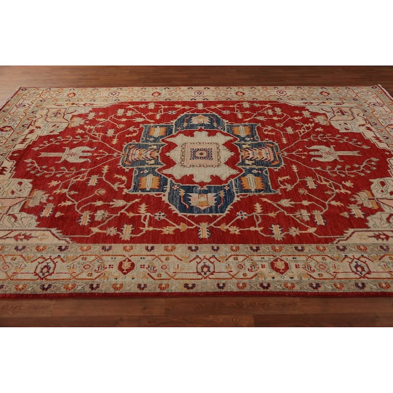 Geometric Heriz Serapi Vegetable Dye Area Rug Handmade Wool Carpet - 6'11"x 10'1"