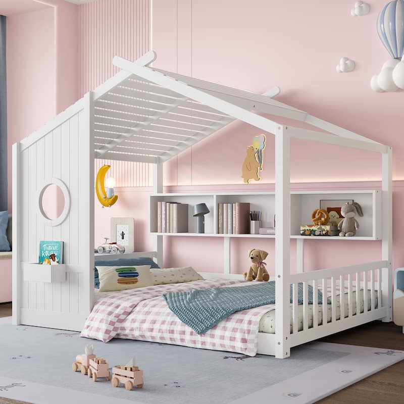 Floor House Bed with Roof & Storage Shelf by Harper&Bright Designs - White - Full