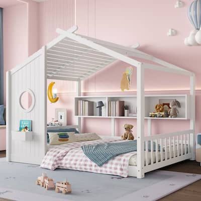 Floor House Bed with Roof & Storage Shelf by Harper&Bright Designs