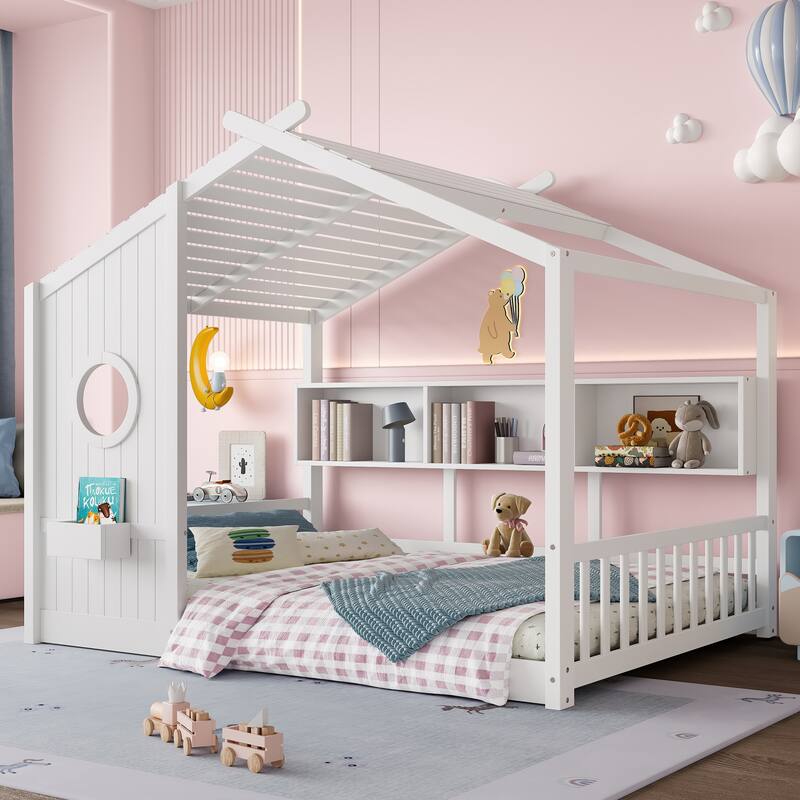 House Bed Frame for Toddler Floor Bed, Kids Montessori Bed with Storage Shelf and Round Window, Playhouse Bed with Roof Design
