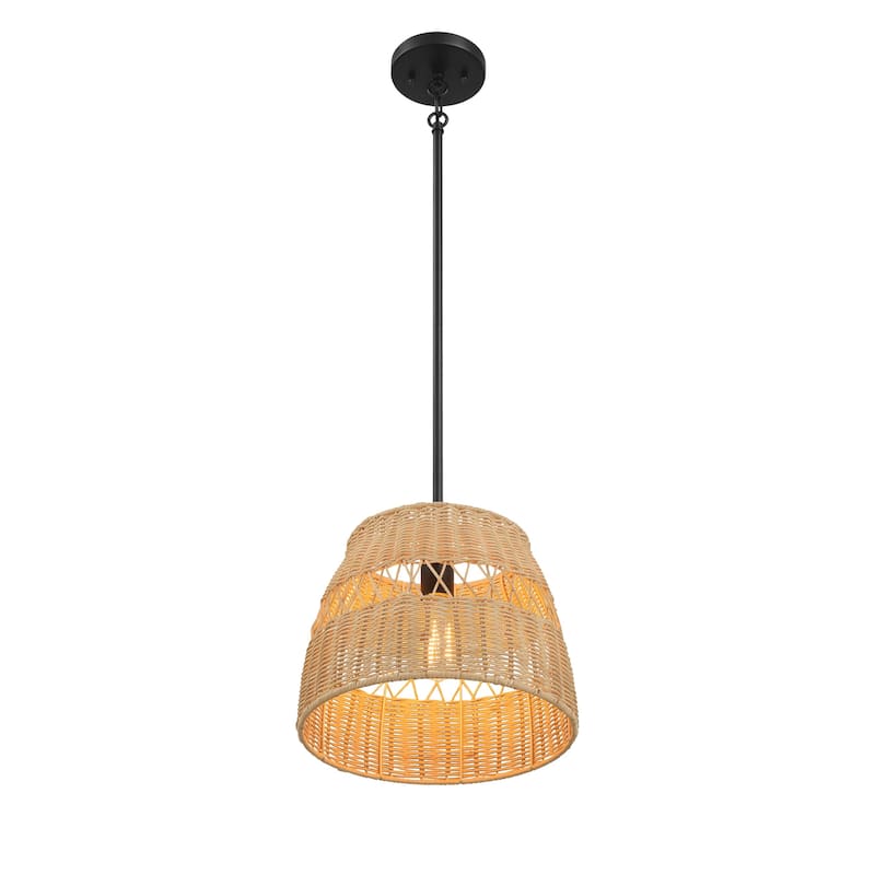 Single Lights Pendant With Rattan Shade Black Metal Finish for Farmhouse Style