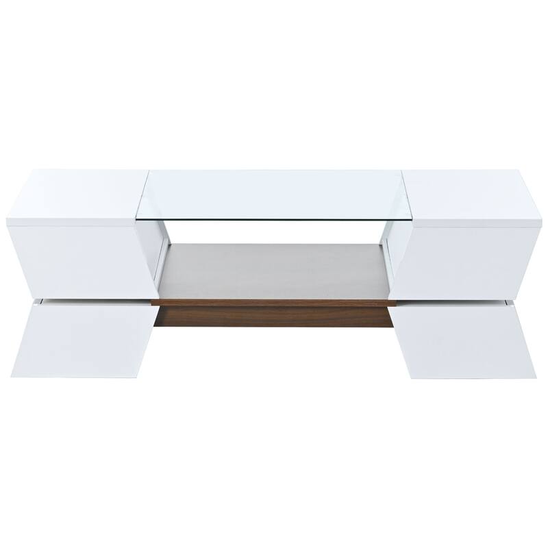 Double-Layer Coffee Table with Open Shelves, Geometric Cocktail Table with Storage, Glass-Top Center Table for Living Room