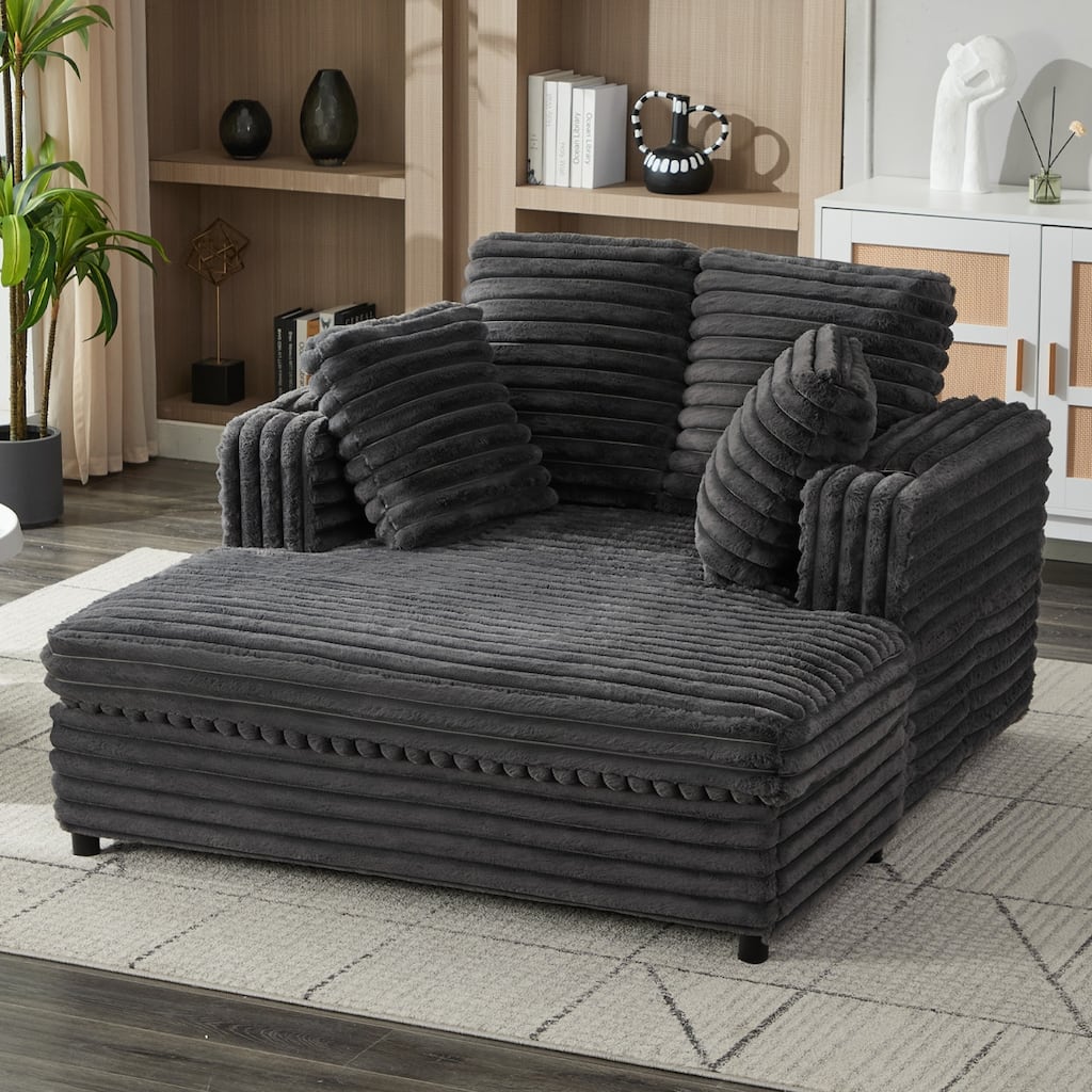 64" Oversized Chaise Lounge Chair Sofa Bed, Corduroy Upholstered Sleeper Chair with Wood Frame, Storage Pockets, Cup Holders