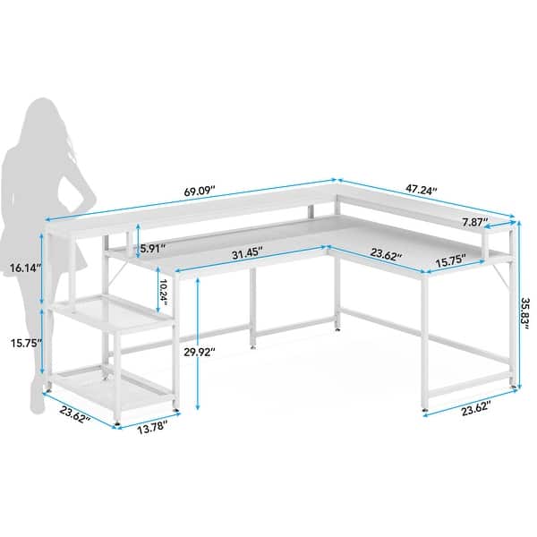 dimension image slide 2 of 4, L Shaped Desk with Monitor Shelf, Reversible Corner Computer Desk for Office Home 69"