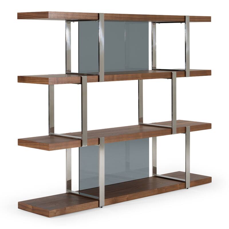 Modrest Brewer Modern Walnut Glass & Stainless Steel Bookshelf