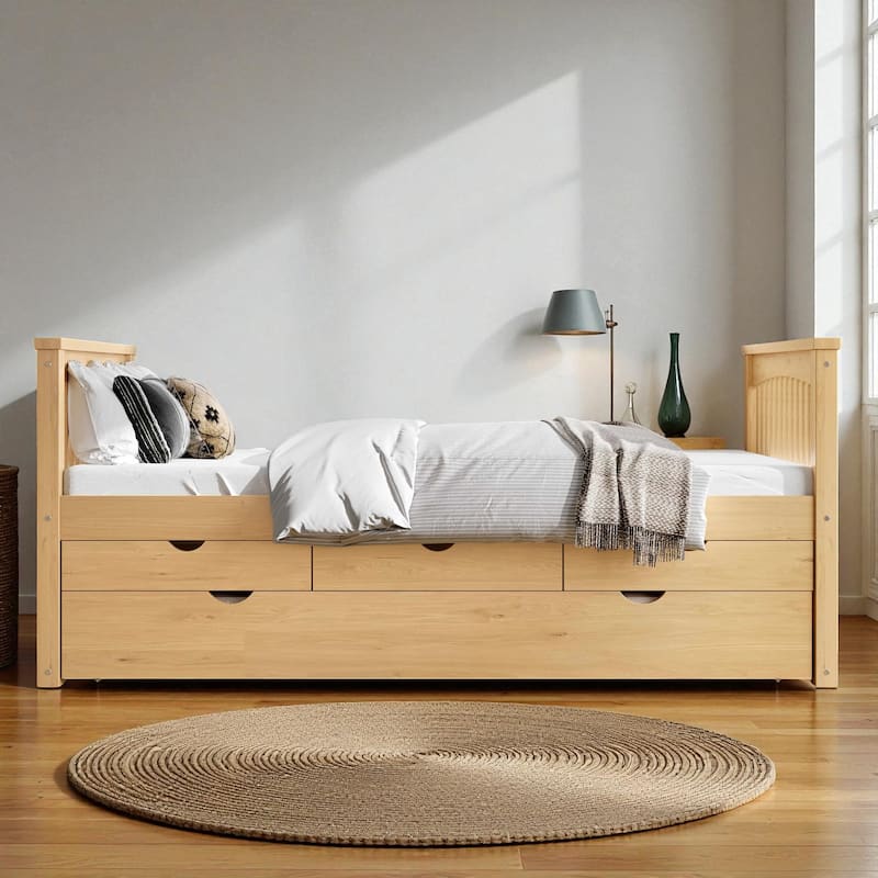 Twin Solid Wood Platform Bed with Drawers and Trundle, Space-Saving Daybed Frame with Storage, No Box Spring Needed
