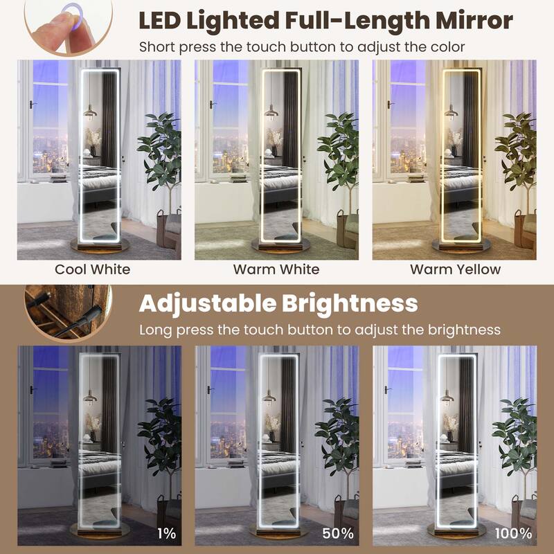Costway 360° Swivel Jewelry Cabinet Organizer 3-Color LED Mirror with - See Details
