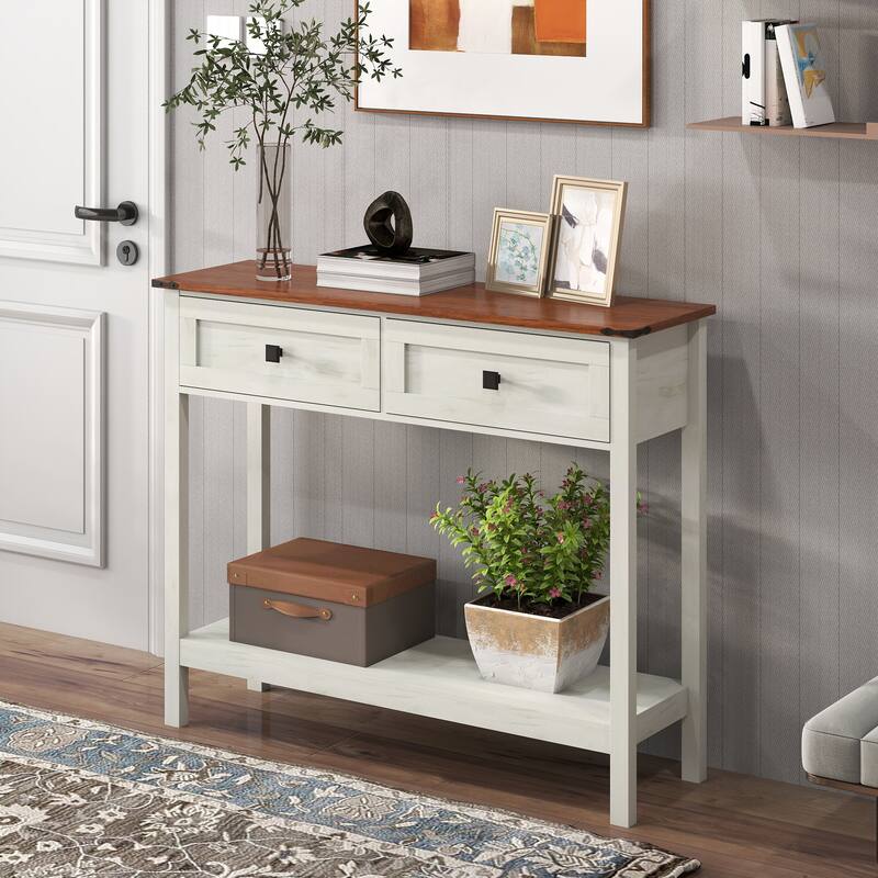 Homy Casa Farmhouse Console Table with 2 Drawers & Bottom Shelf