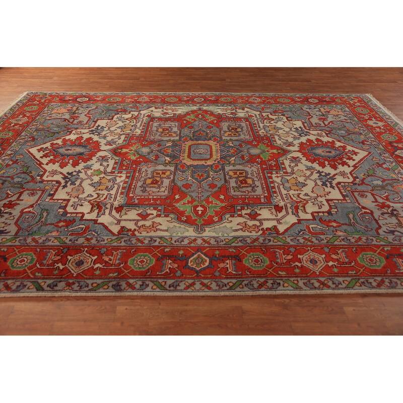 Medallion Heriz Serapi Indian Area Rug Hand-Knotted Wool Carpet - 8'11"x 11'9"