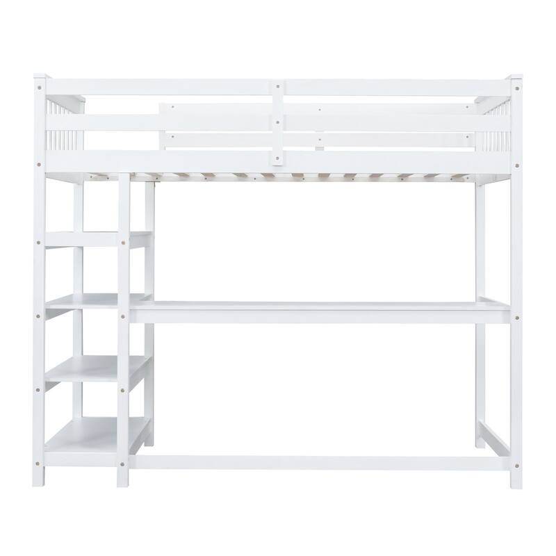 Full/Twin Size Loft Bed with Under-bed Desk & Storage Shelves, Space-Saving Design, Solid Pine Frame, No Box Spring Required