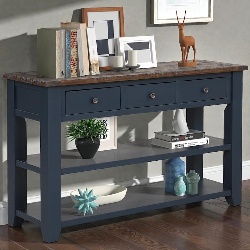 48 Inch Solid Pine Wood Console Table with 3 Drawers & 2 Shelves, Vintage Entryway Sofa Table for Hallway & Living Room