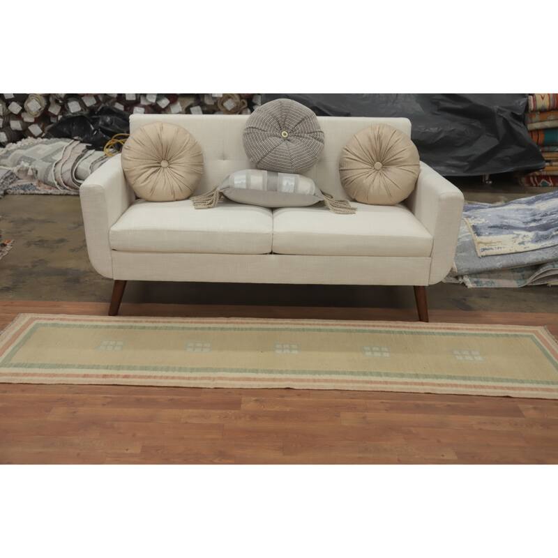 Hand Woven Oriental 100% Wool Carpet Southwestern Tribal Beige & Ivories Kilim Runner Rug - 7' 9'' X 1' 11''
