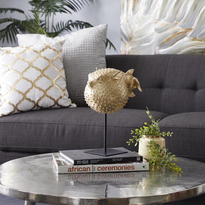 Polyresin Blowfish Handmade Spiked Decorative Sculpture with Stand - Gold - Roche River Decor