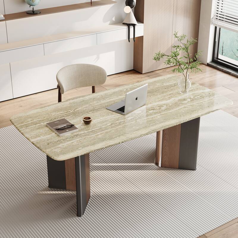 Modern 63" Retangular Wrining Desk, Faux Marble Table Top Desk With Double Legs