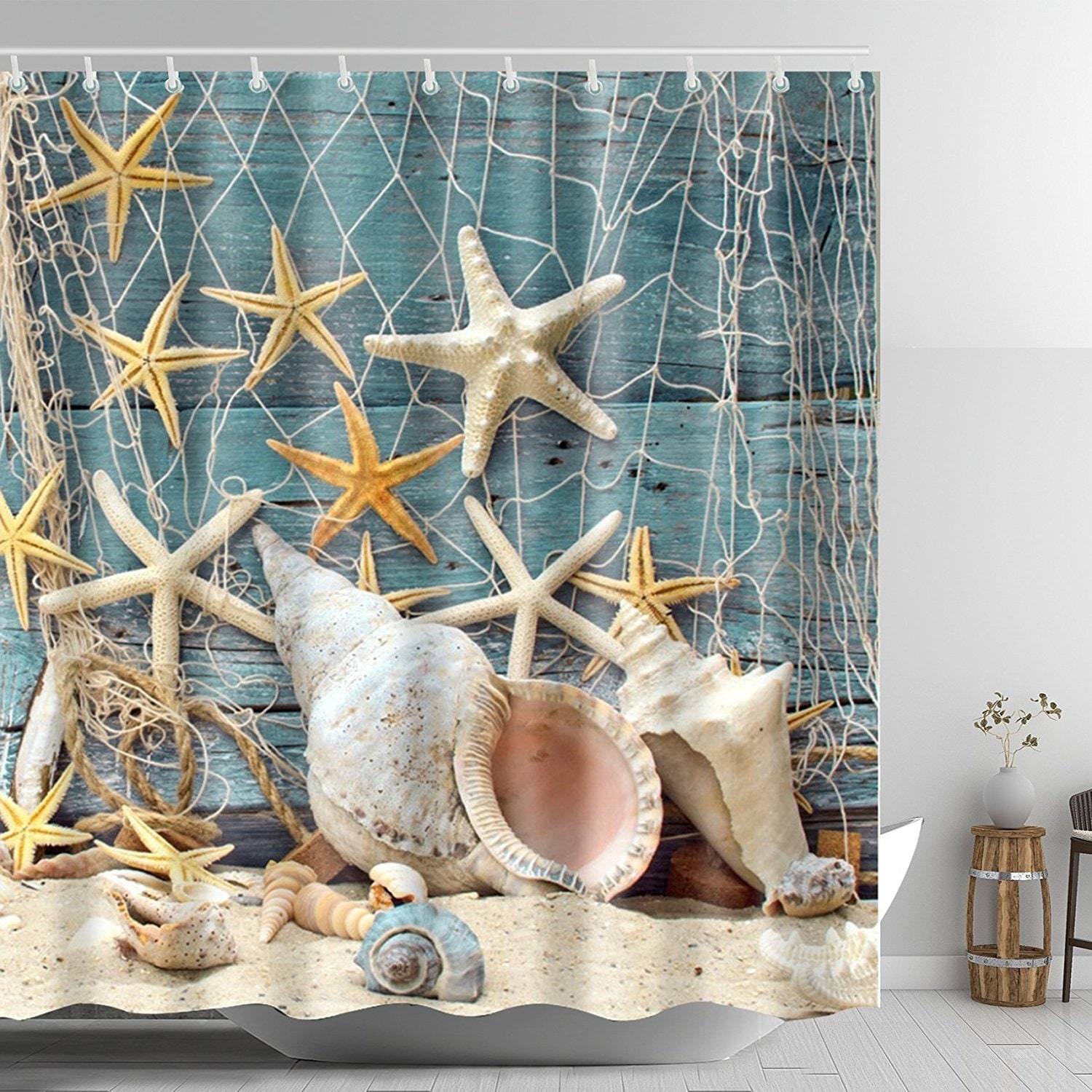 Starfish Shower Curtain Fishing Seashell Beach Shower Curtain Set - Bed Bath  & Beyond - 22134245