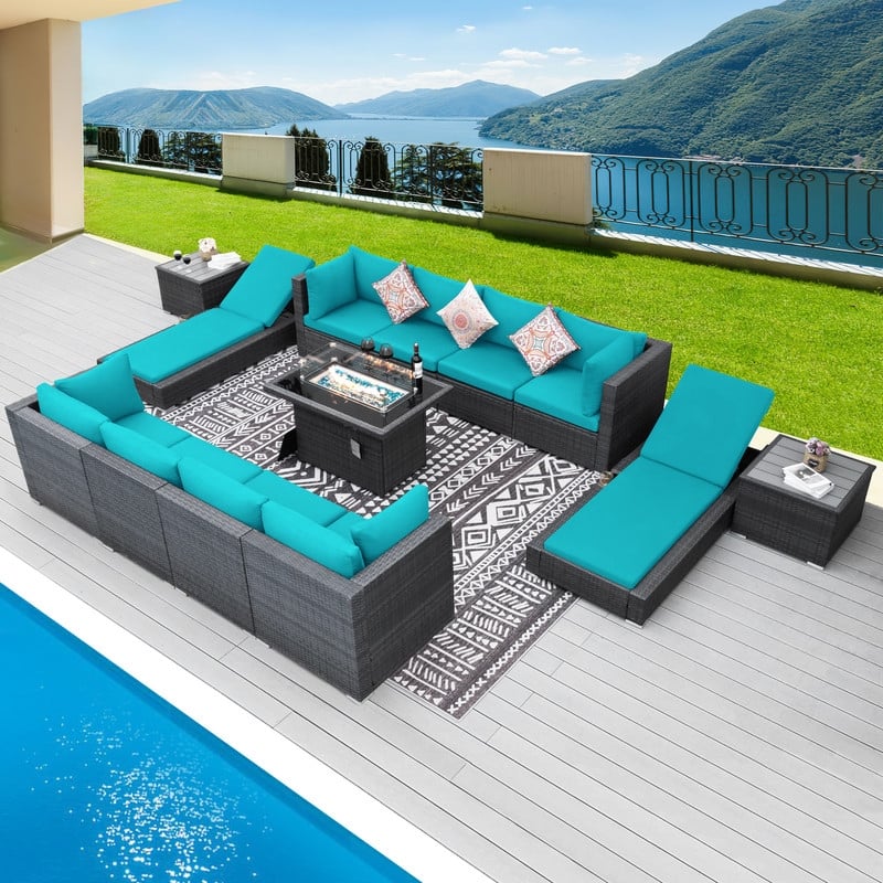 FINCATI 13 Pcs Patio Outdoor Wicker Furniture Sectional Sofa Set with Lounge Chair - 13 Piece - Teal