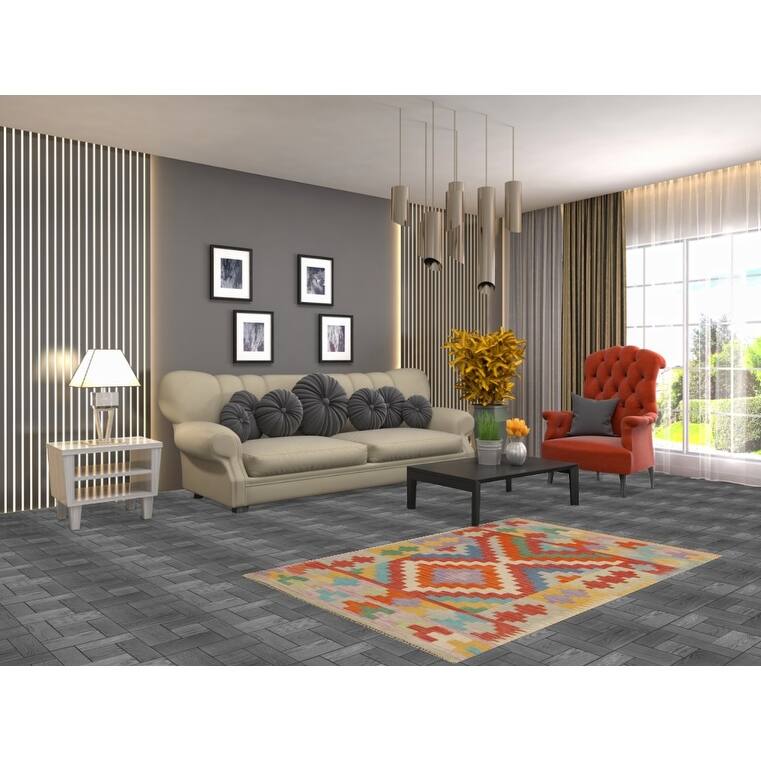 Geometric Reversible Kilim Oriental Accent Rug Flatweave Wool Carpet - 3'4"x 5'2"