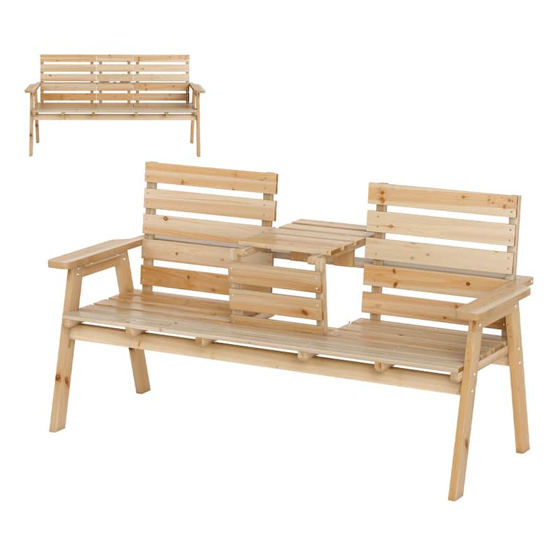 63" Natural Outdoor Fir Wooden Bench for 2-3 People with Foldable Middle Table for Garden Seating - 63" x 25" x 34" (L x W x H)