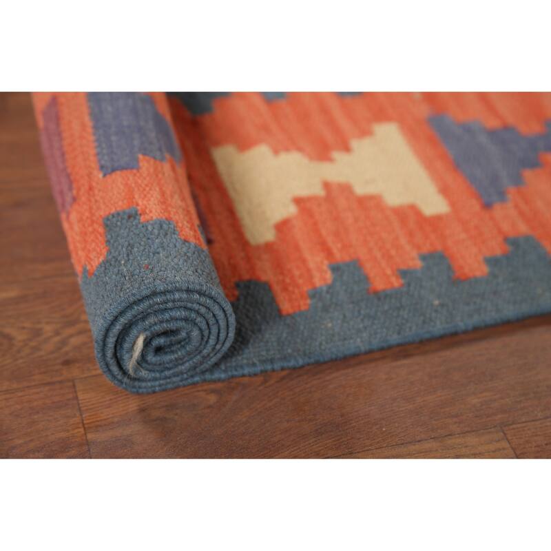 Geometric Blue Flat Weave Kilim Persian Rug Hand-Knotted Wool Carpet - 4'2"x 5'8"