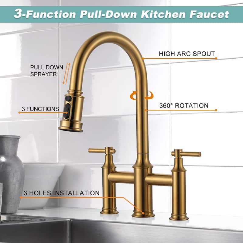 WOWOW Double Handle Pull Down Sprayer Bridge Kitchen Faucet
