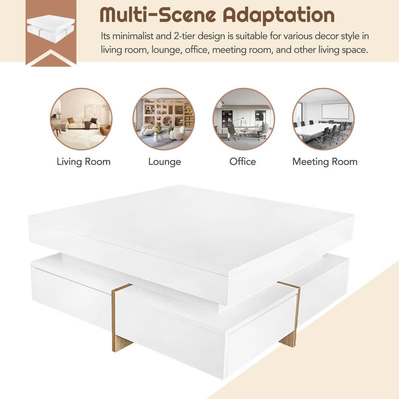 Modern Square Coffee Table with 4 Drawers, High Gloss Cocktail Tea Table with Wood Grain Legs, Accent Center Table