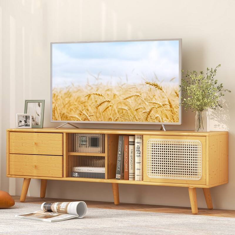 Wood Rattan Glass TV Stand with Drawers and Adjustable Shelves - 55" x 12" x 18"