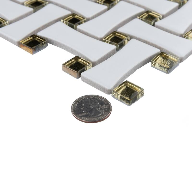 Merola Tile Metro Dog Bone Basketweave Matte White with Glass Gold Dot 10" x 10" Porcelain Mosaic Wall Tile