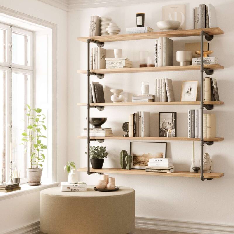 Wallniture 60 inch Industrial Floating Shelves for Wall, Wooden Book Shelves, Wall Mounted Pipe Shelf, 5-Tier