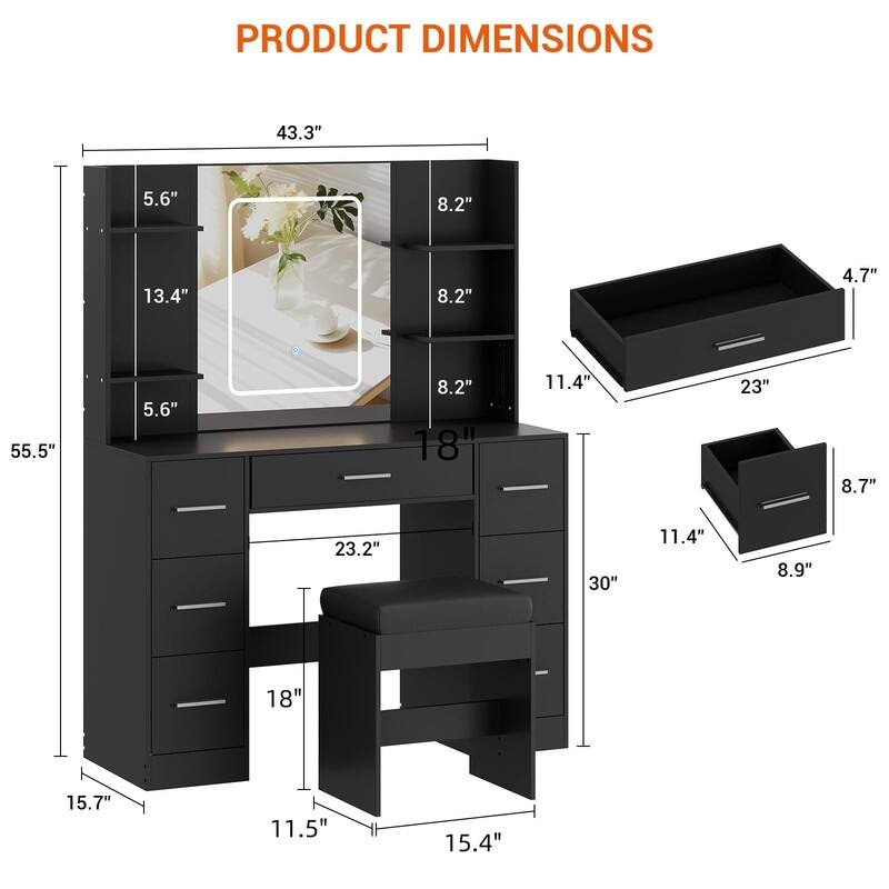 Vanity Desk with LED Lighted Mirror and Stool, 7 Drawers, 6 Open Shelves