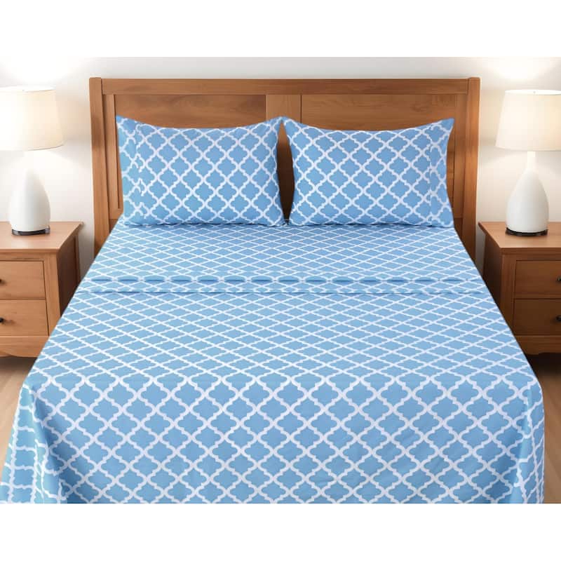 Four Piece Blue and White Quatrefoil Microfiber California King Sheet Set - Blue and White - California King