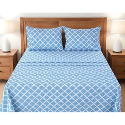 Four Piece Blue and White Quatrefoil Microfiber California King Sheet Set