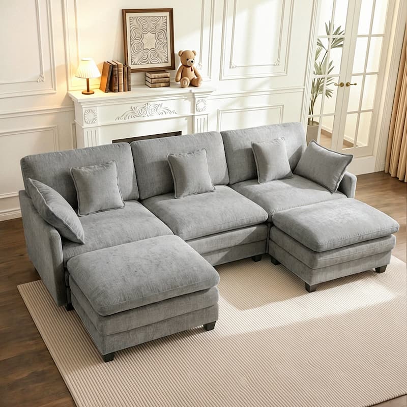 MCombo 111.8'' Modular Sectional Sofa Couch with Reversible Ottoman for Living Room, L Shaped Sofa, FSC Certified - Grey - Double Ottomans