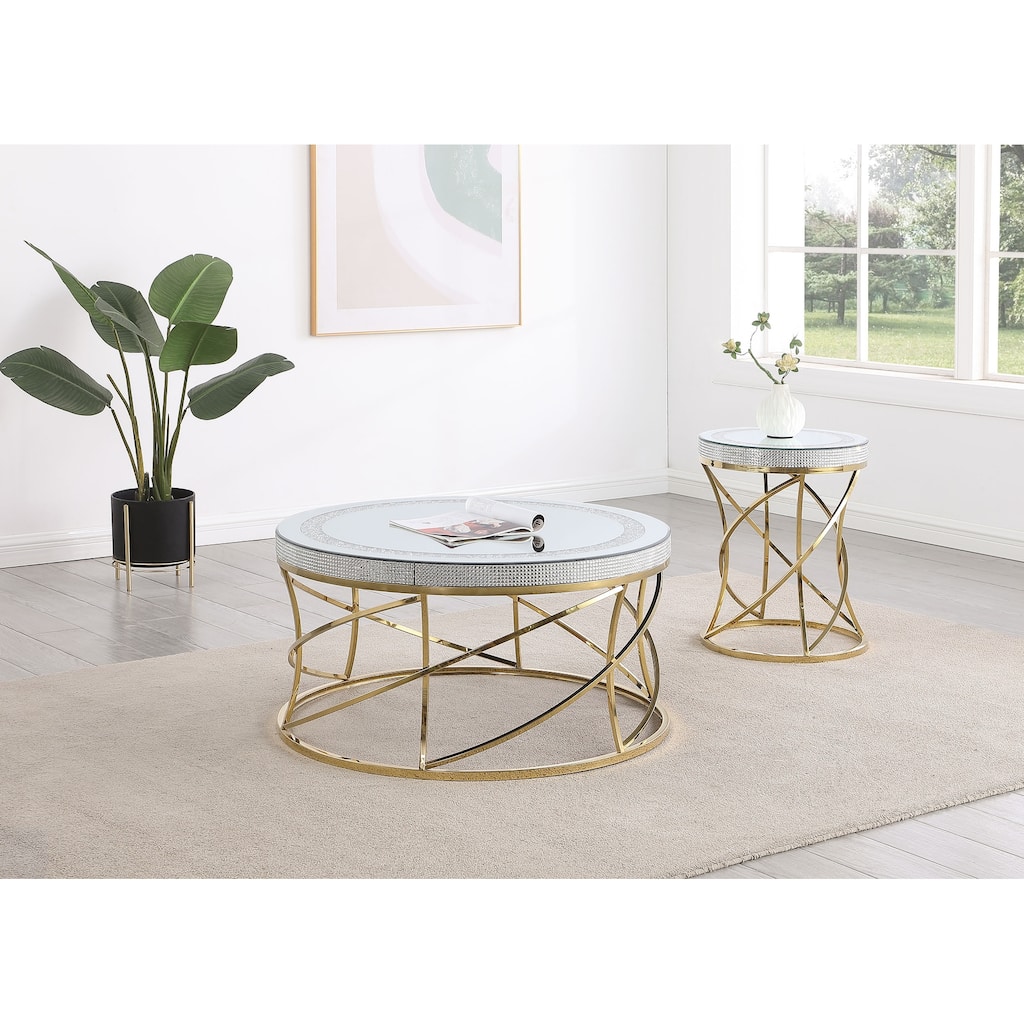 Elise Round Mirror Top Coffee And End Table Set Gold
