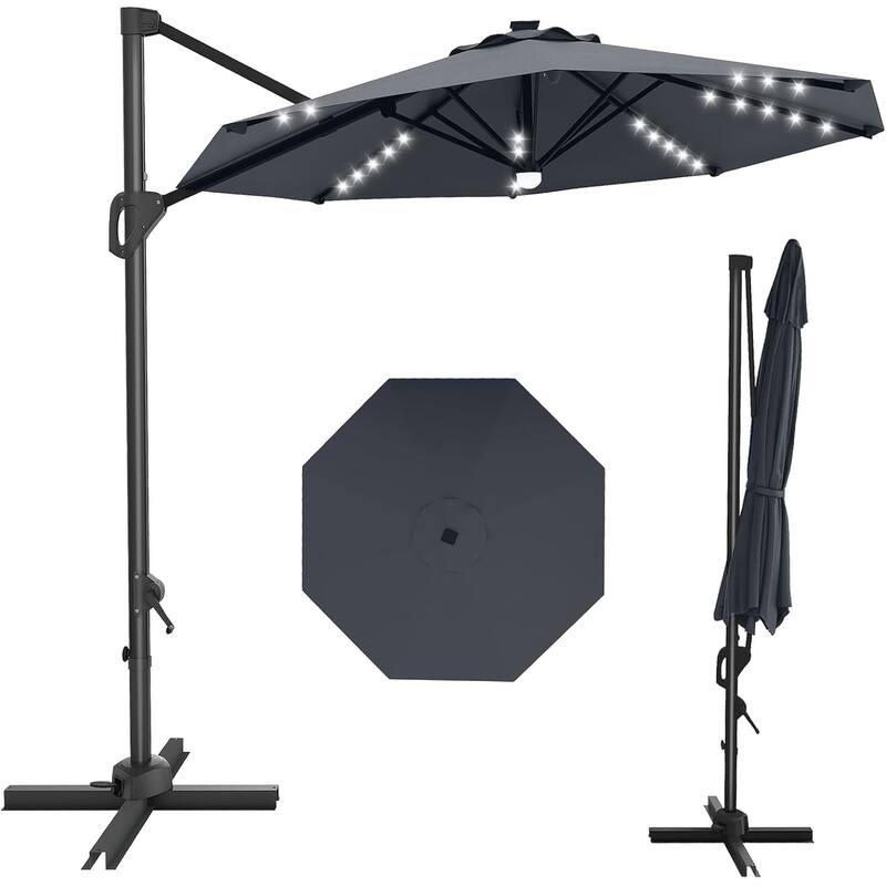 10FT Cantilever Patio Umbrella with Solar Lights, 360° Rotation Offset Umbrella - Gray