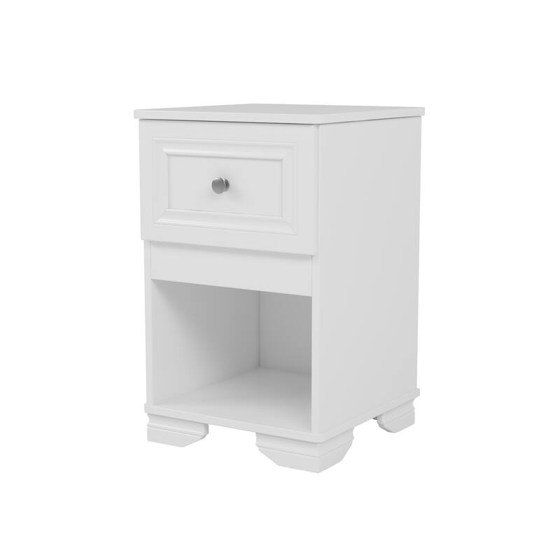 Nightstand With Drawer And Open Shelf, Retro Style Bedside Table With Classic Design And Metal Handle - White