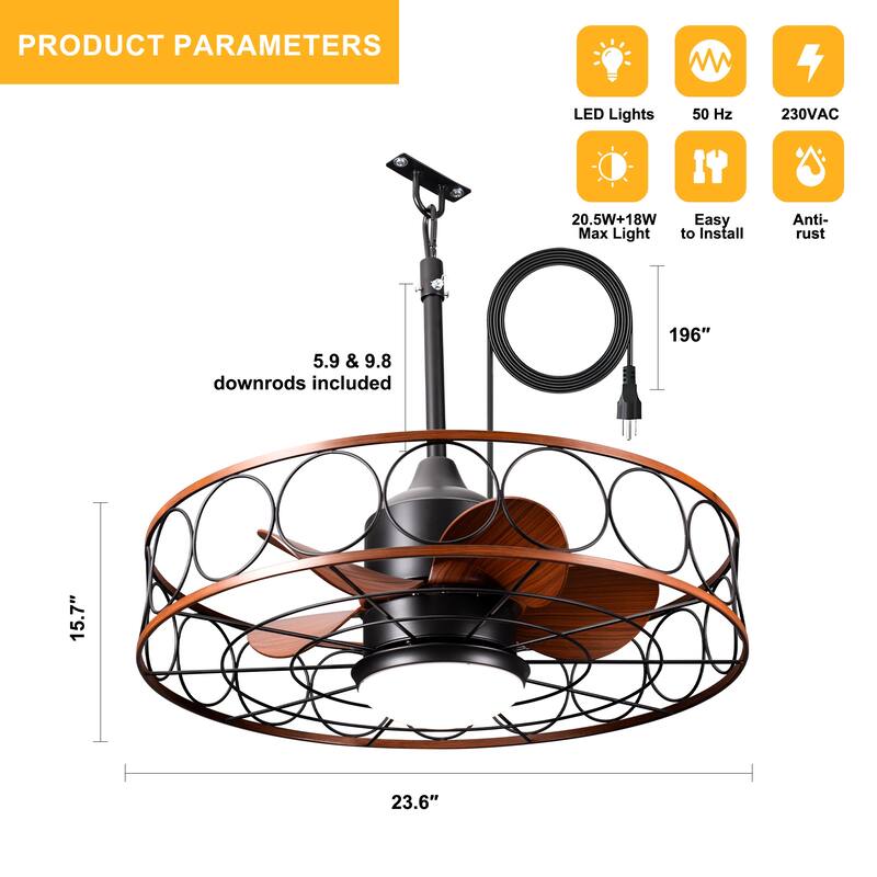 Oaks Aura 23.6" Dimmable Ceiling Fan,Modern Caged Reversible Ceiling Fan with LED Light,APP Control,Quiet DC Motor,6 Speeds