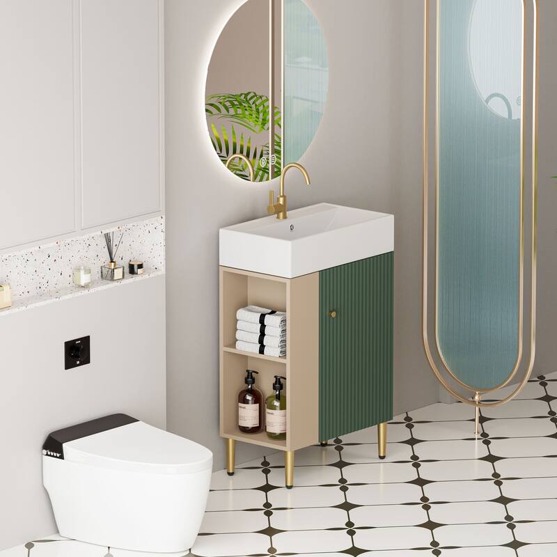Compact White Bathroom Vanity with Ceramic Sink, Soft-Closing Cabinet, and Brushed Copper Accents for Small Spaces