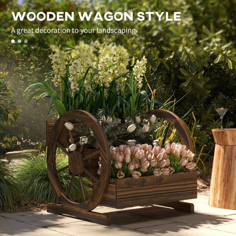 Carbonized Fir Wood Raised Planter with Wagon Wheel Design