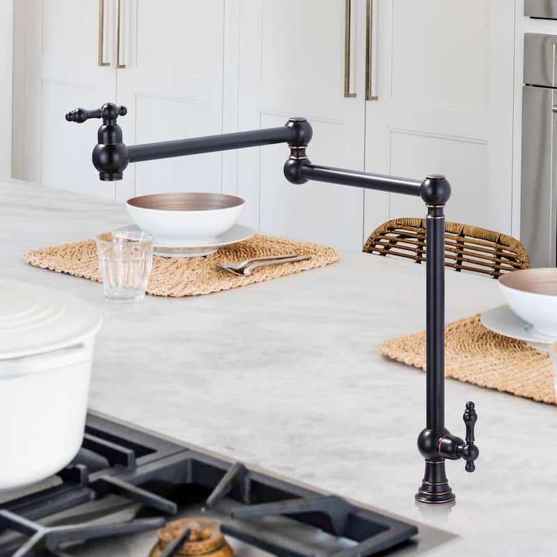 WOWOW 2-Handle Deck Mount Pot Filler Kitchen Faucet with Dual Swing Joints Design