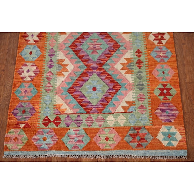 Geometric Kilim Area Rug Reversible Flatweave Wool Carpet - 3'4"x 4'10"